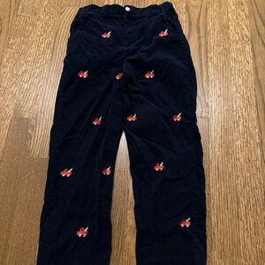 Bette Terrell Navy Corduroy Pants with Christmas tree tucks Embroidery